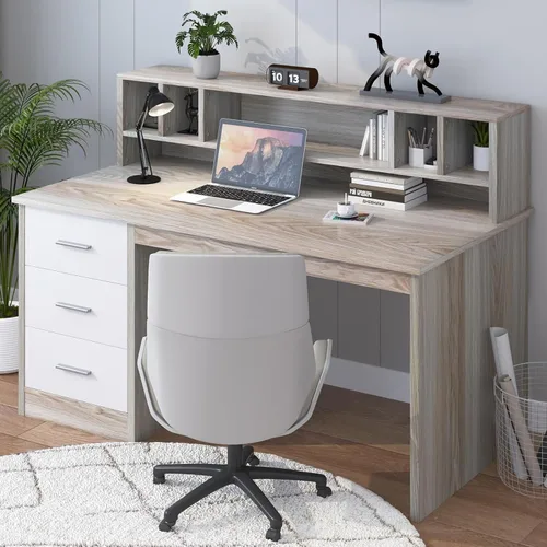 Vista 9 de MaverickFurni Escritorio blanco con cajones, escritorio de oficina en casa de 46 pulgadas con gabinete y almacenamiento, escritorio pequeño con 3