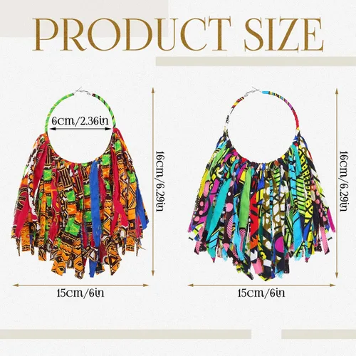 Vista 3 de Bonuci 2 pares de aretes de borla de tela africana Ankara con flecos, aretes africanos para el mes de la historia negra, joyería africana para mujer