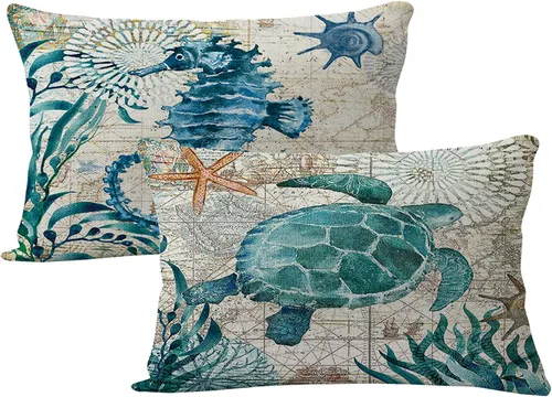 Vista 9 de 7COLORROOM Paquete de 2 fundas de almohada de playa/costera, tortuga marina/caballo marino, fundas de cojín decorativas de algodón y lino, 20 x 20