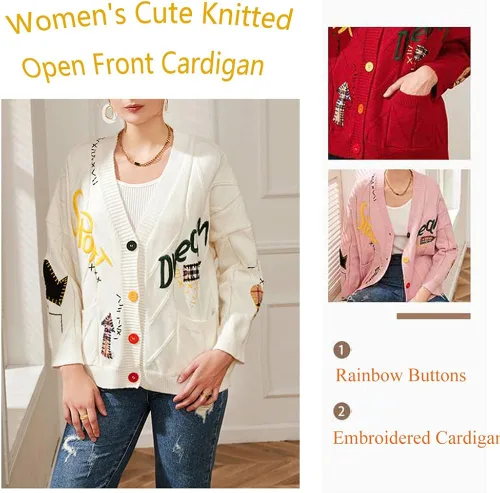 Vista 6 de Cárdigan de punto trenzado para mujer, con parte delantera abierta, de manga larga, con botones, bordado