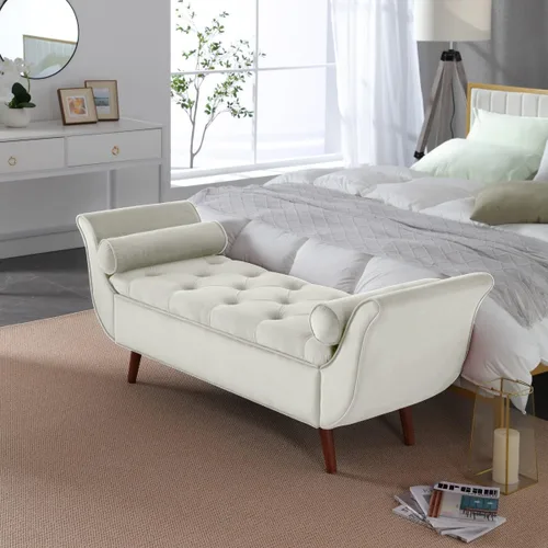 Vista 15 de Banco de terciopelo para dormitorio al pie de la cama, banco otomán tapizado con botones capitoné de 60.5 pulgadas con brazos curvos, otomán