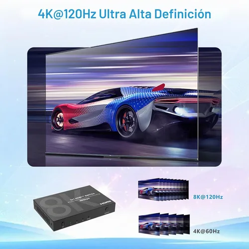 Vista 4 de Interruptor HDMI 8K 3 en 1 salida 4K@120Hz HDMI Switcher con control remoto