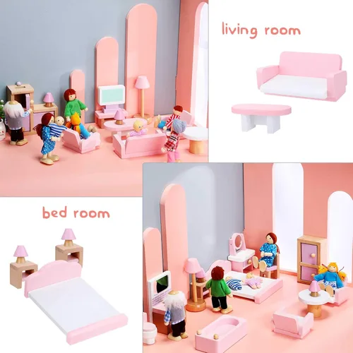 Vista 3 de Sumind Juego de 30 piezas de muebles de casa de muñecas de madera, juego de 8 mini figuras de personas para casa de muñecas, accesorios
