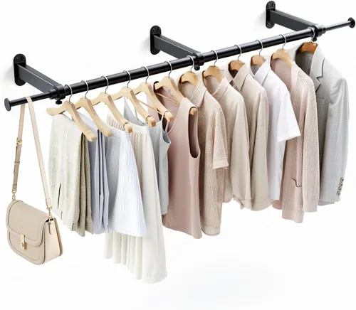 Vista 9 de Luxspire Perchero de ropa para montar en la pared, perchero de tubería industrial, barra de ropa de hierro extensible resistente de 28 pulgadas