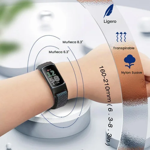 Vista 4 de Correas de nailon para reloj deportivo compatibles con Fitbit Charge 6/5, correa de muñeca ajustable, transpirable, de repuesto, suave, de bucle