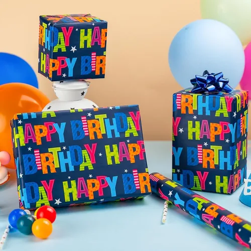 Vista 2 de Garbendy Papel de regalo de cumpleaños – Mini rollo – 17 pulgadas x 16.5 pies – Coloridas letras felices en papel azul papel de regalo perfecto
