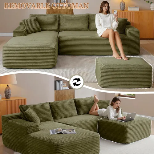 Vista 5 de Sofá modular Cloud de 108 pulgadas, moderno sofá deshuesado con otomana móvil, sofá modular de asiento profundo, sofás esquineros de pana para sala
