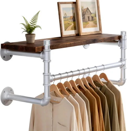 Vista 15 de WEBI Perchero de pared con estante, perchero industrial de 24 pulgadas con estantes, barra de ropa de hierro resistente, barra de ropa de exhibición