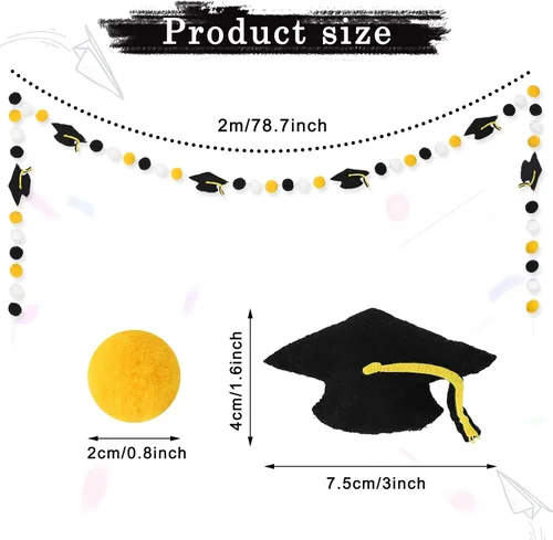 Vista 2 de Whaline Guirnalda de bola de fieltro con gorro de graduación 3D, pancarta de pompones preencordados en negro, blanco, amarillo, felicitaciones