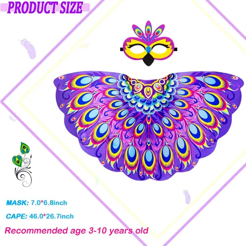 Vista 6 de iROLEWIN Peacock-Costume-Bird-Wings Mask for Kids-Girls Toddler Dress Up Feathered Cape as Boys Owl Party Favors Gifts Toys