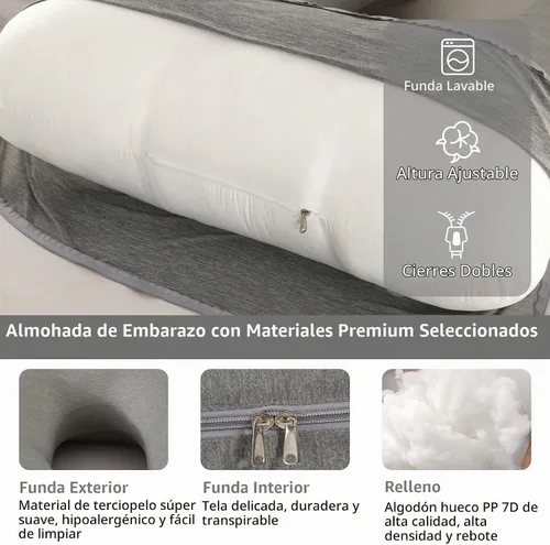 Vista 4 de Almohada de embarazo de cuerpo completo en forma de U para dormir, almohada de maternidad de 57 pulgadas con funda extraíble, soporte para espalda