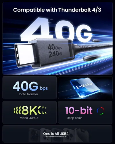 Vista 2 de Silkland Cable USB 4 para Thunderbolt 4 de 1 pie, transferencia de datos de 40 Gbps, carga rápida PD3.1 de 240 W, 8K a 60 Hz, cable de datos USB C