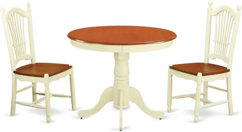 Vista 10 de East West Furniture ANDO3-BCH-W Juego de mesa de comedor de 3 piezas contiene una mesa redonda de madera con pedestal y 2 sillas de comedor