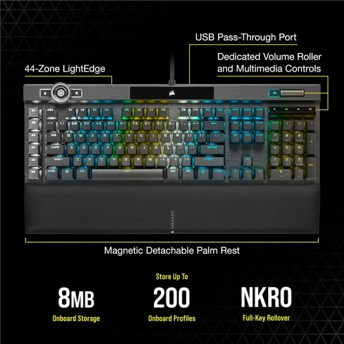 Vista 10 de Corsair Teclado mecánico óptico K100 RGB para juegos - Corsair OPX RGB - Teclas ópticas y mecánicas - Tecnología AXON de hiperprocesamiento para un