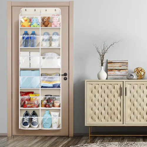 Vista 7 de Univivi Organizador para colgar sobre la puerta, 6 niveles detrás de la puerta con bolsillos profundos transparentes, organizador colgante para Beige