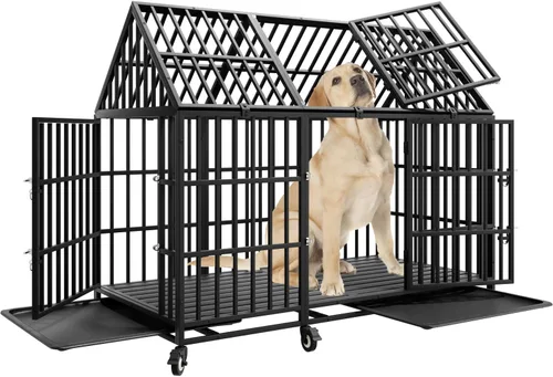 Vista 12 de Jaula indestructible para perros de 54 pulgadas, resistente a prueba de escapes, de acero, doble puerta, alta ansiedad, con ruedas, bandeja