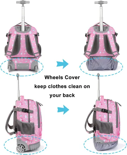 Vista 5 de Tilami Mochila rodante con diseño de ruedas de carretilla, lindo estampado de dibujos animados para niños y niñas, viajes, escuela, viaje