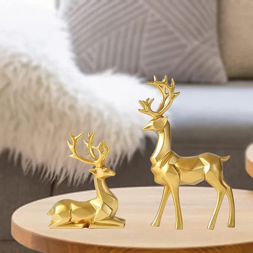 Vista 4 de 2 piezas de figuras de reno, estatuilla de ciervo, artesanía de animales, adorno de escritorio para decoración de mesa de fiesta de Navidad, dorado