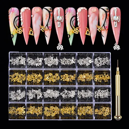 Vista 6 de Dijes colgantes para arte de uñas, diamantes de imitación, 240 piezas de dijes de uñas con constelación con herramienta de perforación de uñas
