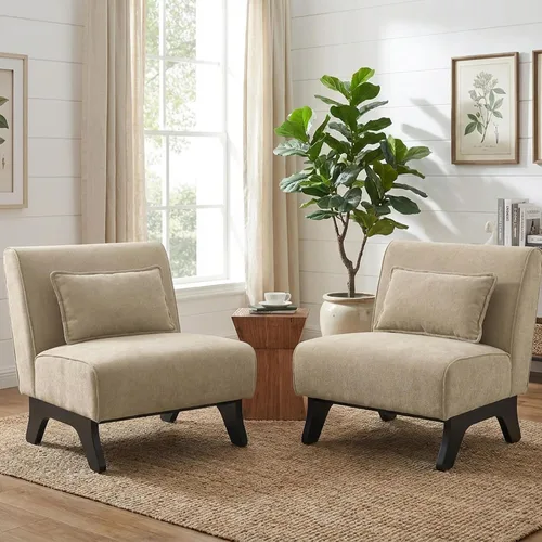 Vista 15 de Silla de acento tapizada sin brazos, sillas modernas y cómodas para sala de estar con patas de madera y almohadas, sofá cama lateral para dormitorio