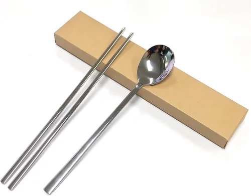 Vista 8 de Cubertería tradicional coreana de acero inoxidable cucharas y palillos juego de vajilla con mano larga, reutilizable (sin patrón)