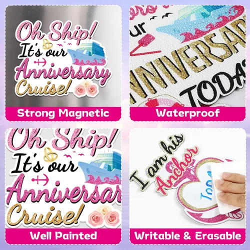 Vista 3 de 8 imanes de aniversario grandes para puerta de crucero, color rosa, para puerta de crucero magnético, decoración de fiesta de aniversario