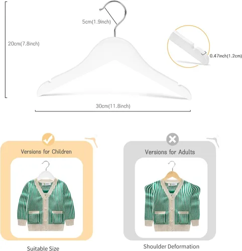 Vista 2 de Nature Smile Perchas de madera con muescas y gancho cromado antioxidante, paquete de 10 unidades (blanco)