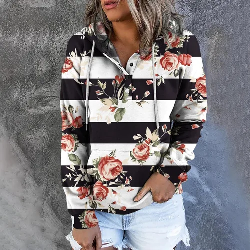 Vista 34 de Sudaderas con capucha para mujer, con cuello de botón, sin botones, con cordón, manga larga, lindas, ropa para adolescentes y niñas
