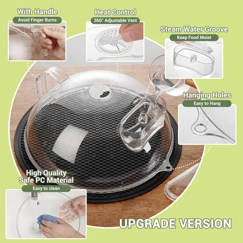 Vista 4 de Cubierta antisalpicaduras para microondas para alimentos, tapa transparente con vaporizador de agua, asa integrada, protector contra salpicaduras
