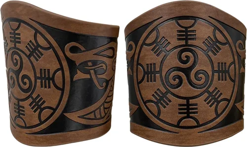 Vista 3 de HiiFeuer 2 pulseras vikingas de piel sintética en relieve, pulsera retro nórdica, patrón nórdico Mjolnir Vegvisir