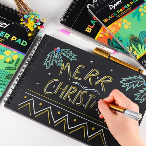 Vista 6 de Dyvicl Cuaderno de bocetos profesional de papel negro de 5.5 x 8.5 pulgadas, 35 hojas de papel de dibujo pesado de 150 GSM para bolígrafos de gel
