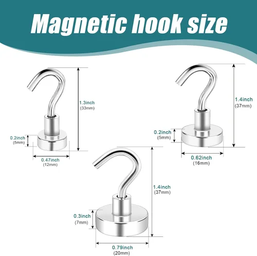 Vista 2 de MAGXCENE 50 ganchos magnéticos resistentes, 3 ganchos magnéticos de tierras raras fuertes de diferentes tamaños para colgar, refrigerador, imanes