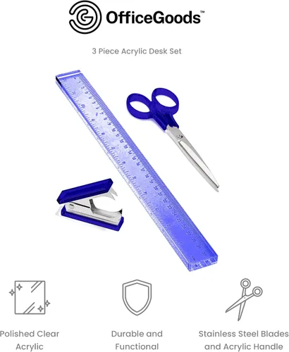 Vista 3 de OfficeGoods Juego de escritorio de acrílico de 3 piezas, incluye regla, removedor de grapas, tijeras, accesorios de escritorio funcionales y Azul