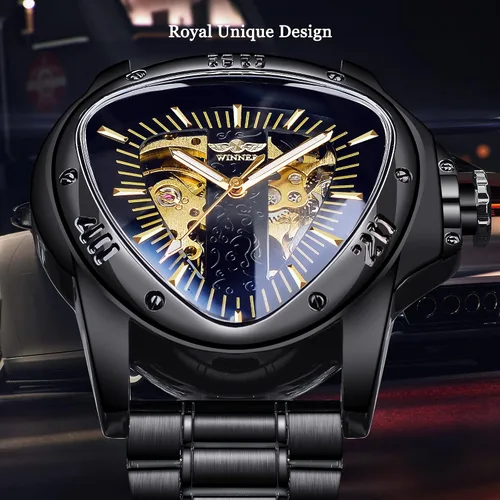 Vista 2 de Winner Fashion - Reloj de pulsera mecánico triangular de carreras, esfera de esqueleto dorado impermeable, movimiento automático, reloj mecánico