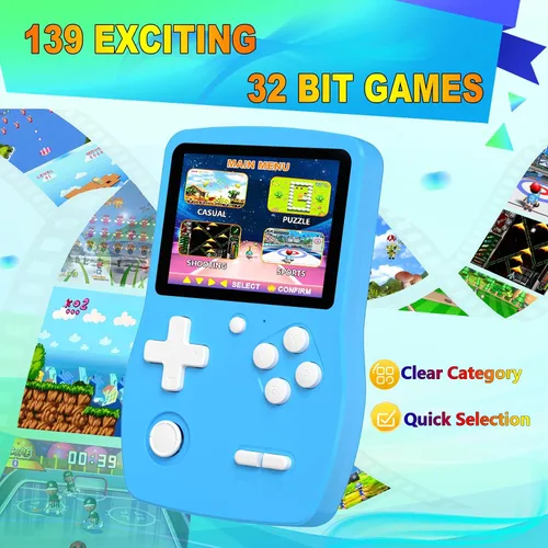 Vista 2 de Juegos de mano de 32 bits para niños precargados 139 videojuegos, reproductor de videojuegos portátil con pantalla IPS de 3.0 pulgadas y batería
