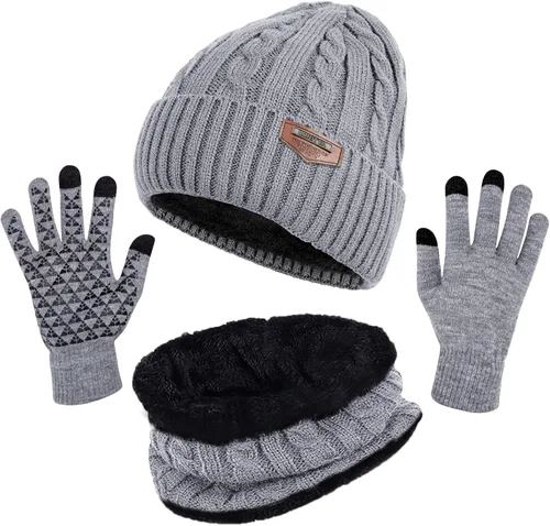 Vista 17 de Loritta Winter Hats for Men, 3 PCS Fleece Beanie Scarf Gloves Set A-Negro
