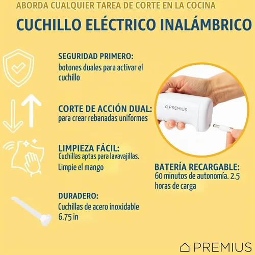 Vista 6 de Cuchillo eléctrico profesional inalámbrico recargable de fácil corte, cuchillas de acero inoxidable dentadas recíprocas, liberación de gatillo