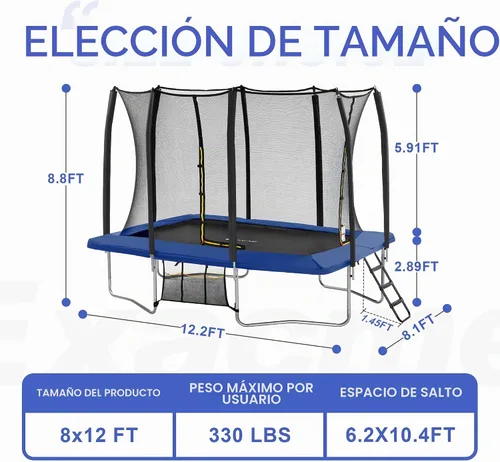 Vista 5 de Exacme Trampolín Rectangular de 7X10 8X12 9X14 Pies para Niños, Aberturas de Cerramiento Dobles, Trampolín Rectangular Pequeño para Exteriores