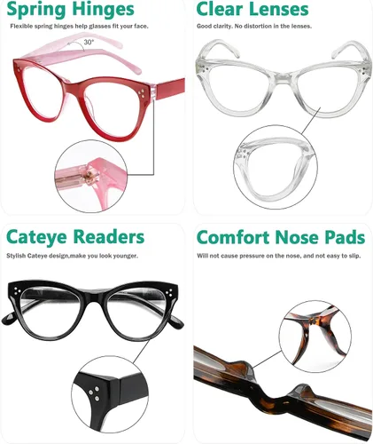 Vista 5 de Eyekepper Paquete de 4 lentes con diseño de ojo de gato de gran tamaño para mujer Lupa para mujer, elegantes lentes de lectura para mujer