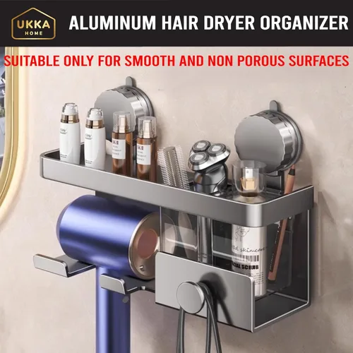 Vista 2 de Soporte de aluminio para secador de pelo con ventosa. Estante organizador de almacenamiento con estante para accesorios y herramientas para el baño.