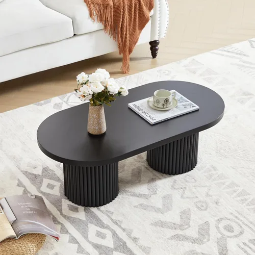 Vista 8 de Mesa de centro pequeña acanalada, mesa de centro de madera ovalada de estilo rústico de mediados de siglo, mesa central moderna estilo bohemio