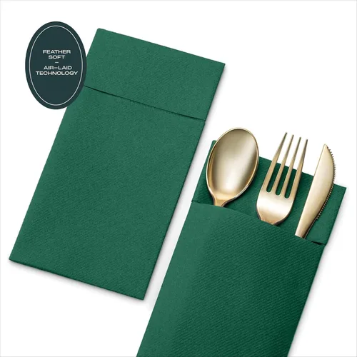 Vista 4 de Paquete de 50 servilletas desechables de lino con bolsillo integrado para cubiertos, tela preplegada azul como servilletas de papel para bodas