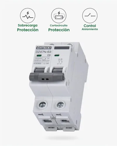 Vista 3 de Interruptor de Circuito en Miniatura AC, Interruptor de Circuito de 6 Amp 120V/240V de 2 Polos para Montaje en Riel DIN, Desconexión de CA Solar