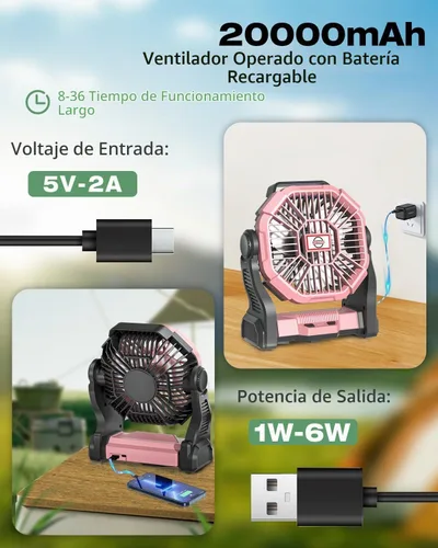 Vista 3 de AEscod Ventilador de camping recargable, ventilador de campamento inalámbrico con linterna LED, gancho para colgar, rotación de 270°, 20000 mAh Rosa