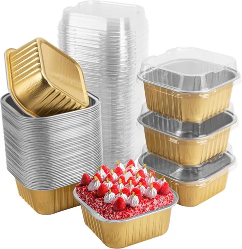 Vista 15 de 50 Pcs Mini Square Baking Cups with Lids,5oz Aluminum Foil Mini Cake Pans with Lids,Disposable Ramekins Cake Pans,150ml Dessert Cups Cupcake Pans