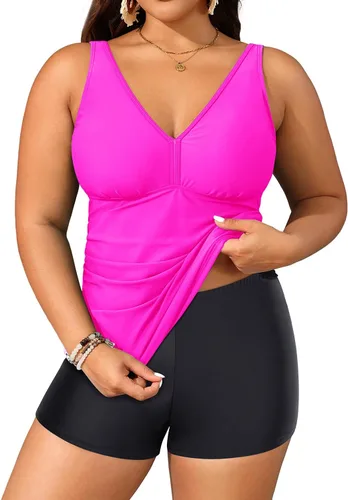 Vista 25 de Yonique Trajes de baño de talla grande para mujer con shorts, control de abdomen, tankini de dos piezas, traje de baño deportivo Aqua y flor azul