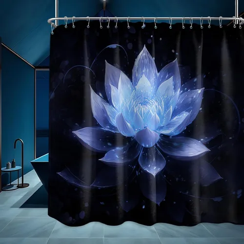 Vista 51 de Cortina de ducha con flores de loto negro y azul para decoración de baño, juego de cortinas decorativas de baño con estampado floral, tela