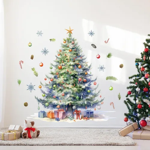 Vista 18 de 59x47 Pulgadas Adhesivos de Árbol de Navidad Azul Grande para Pared, Extraíbles DIY, Adhesivos de Árbol de Navidad Acuarela Gigantes para Baño