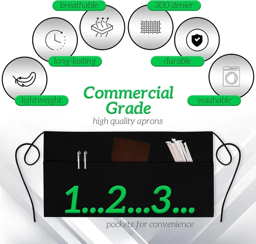 Vista 2 de GREEN LIFESTYLE Paquete de 3 delantales de servidor con 3 bolsillos - Delantal de cintura, delantal de camarera para mujeres y hombres, resistente