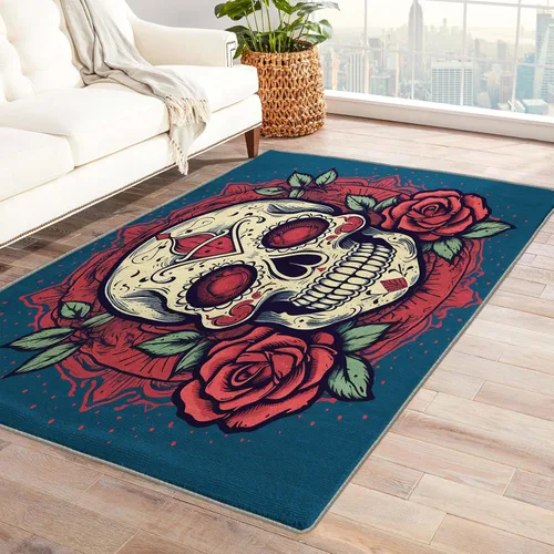 Vista 11 de Alfombra de calavera de azúcar de 2 x 3 pies, alfombra mexicana para entrada, alfombra de día de los muertos, decoración de habitación de niños